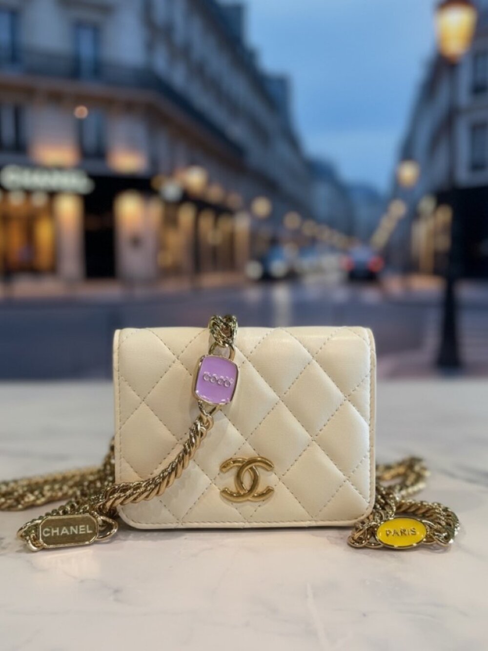 Chanel 22S White Quilted Lambskin Enamel Charm Clutch with Chain